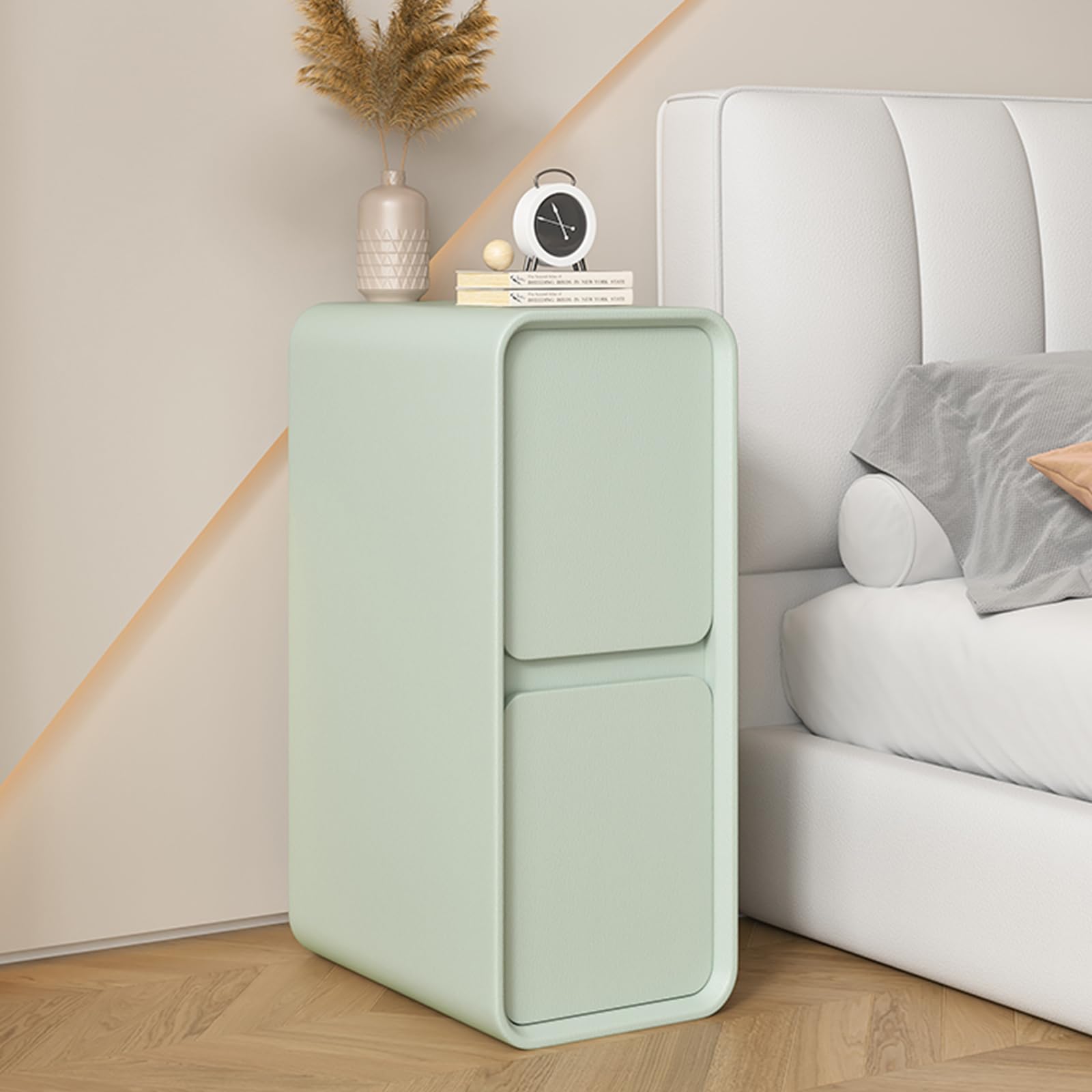 MESCXTY Narrow Bedroom Nightstand with Drawers, Small Wooden Bedside Table, Modern Leather Surface, Space Saving Storage Night Stand for Spaces(20x40x47cm(7.8"x15.7"x18.5"), Green)