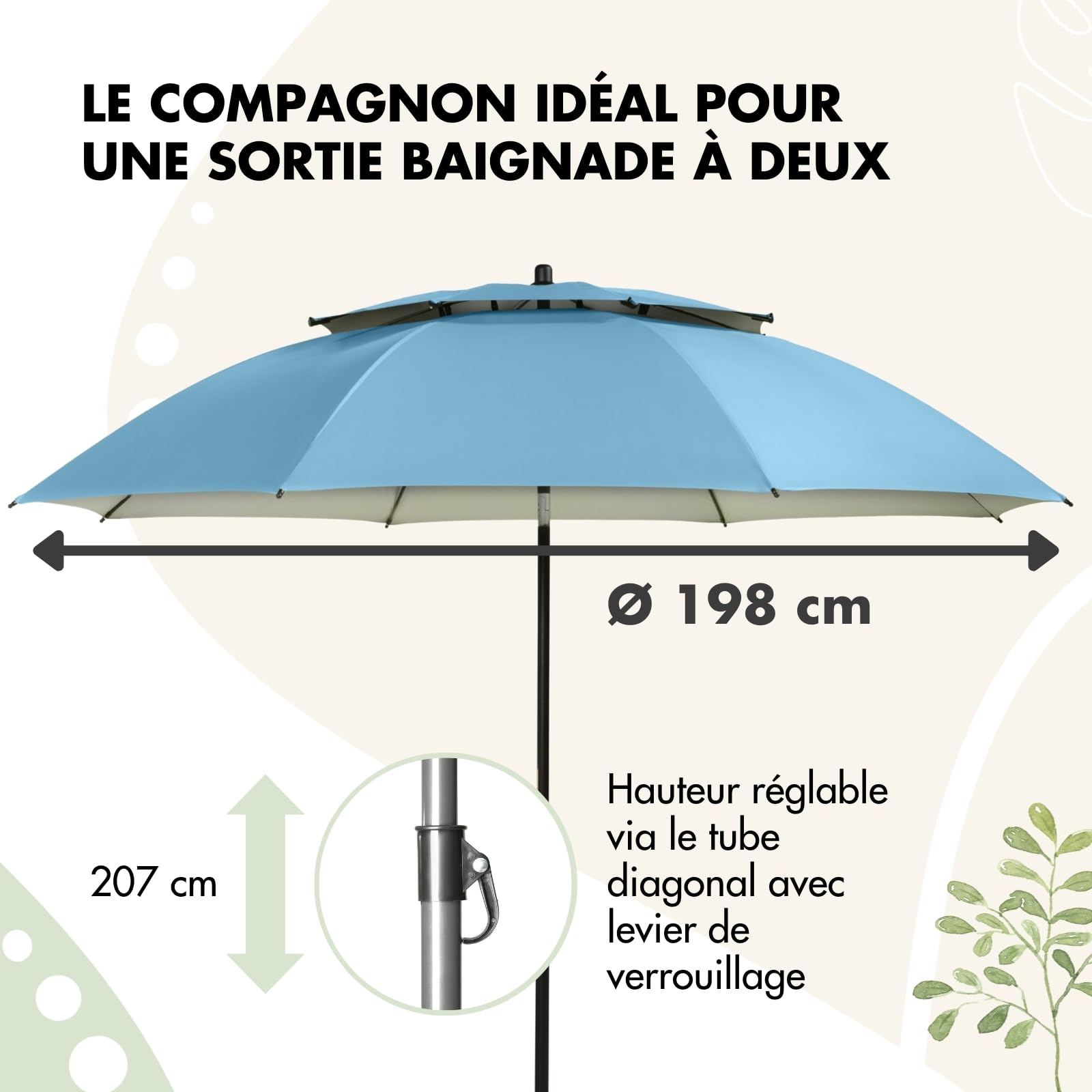 Doppler Derby Windprofi Bleu - Parasol Plage et Balcon Valve Vent Protection UV Reglable Hauteur Pliable