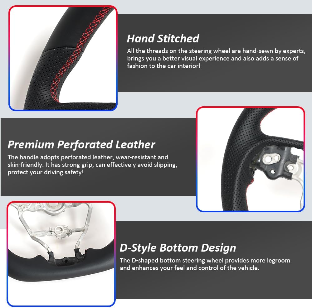 Full Leather Steering Wheel, D-Shaped Flat Bottom Perforated Leather Grip Steering Wheel Fit for Toyota Camry Gen 8th 2018-2023, RAV4 2019-2024, Corolla 2020-2024