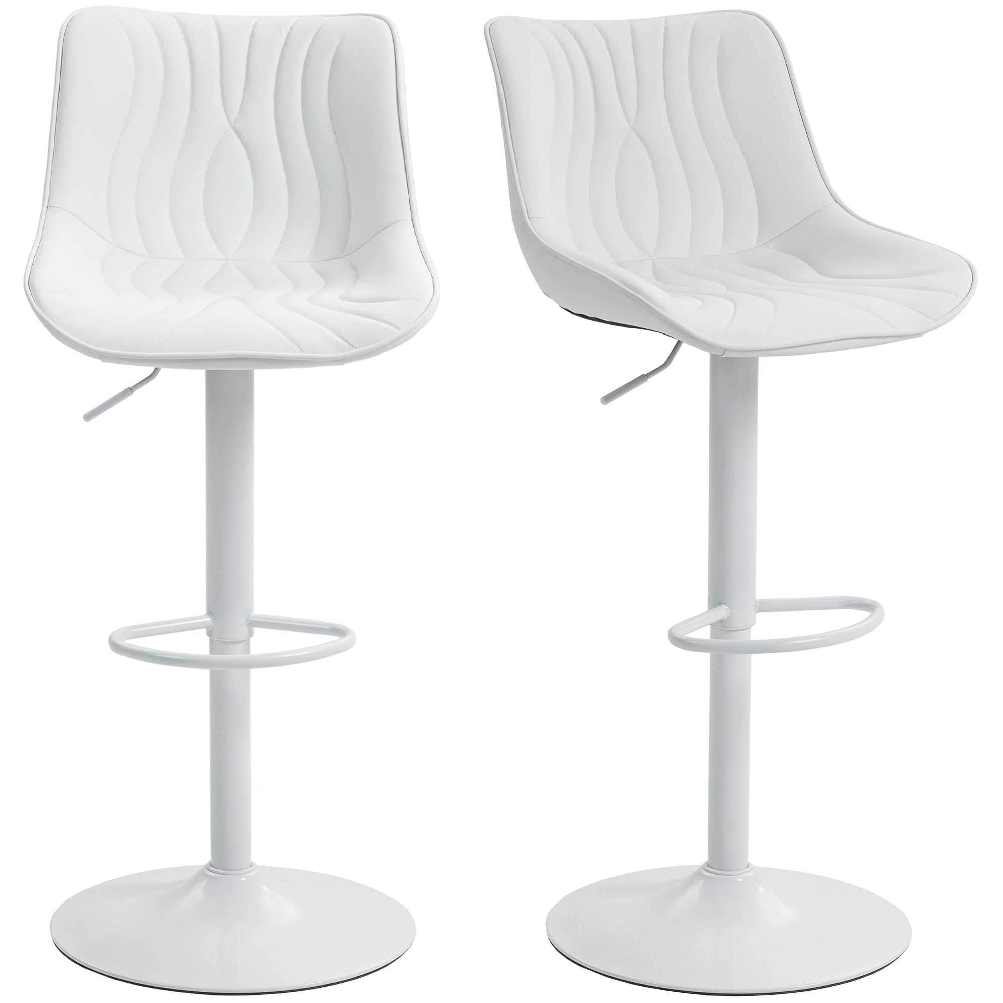 HOMCOM Set of 2 Bar Stools Swivel Kitchen Stools with Adjustable Height 92 – 110 cm Backrest Faux Leather Seat Steel Frame and Footrests for Dining Room Counter White