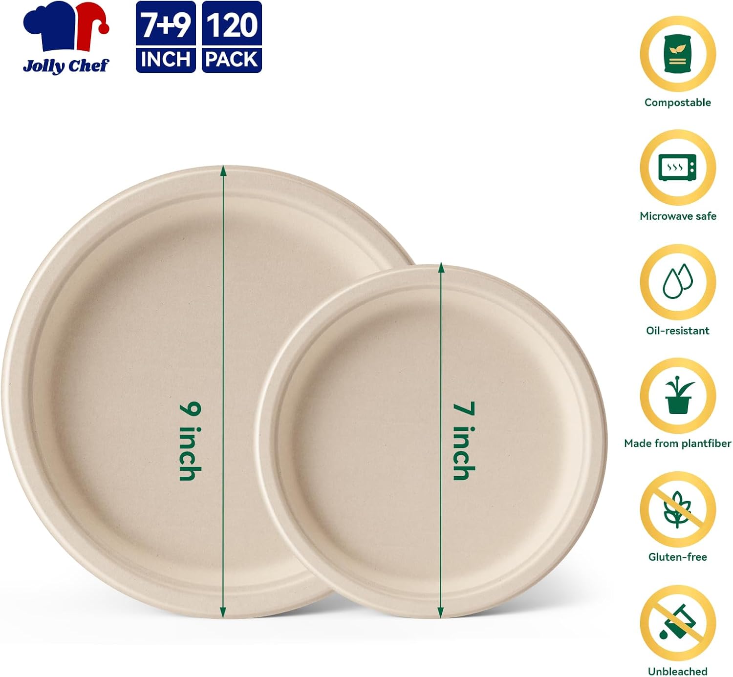 Compostable Heavy Duty 7 Inch and 9 Inch 120 Pack Eco-Friendly Paper Plates image 2