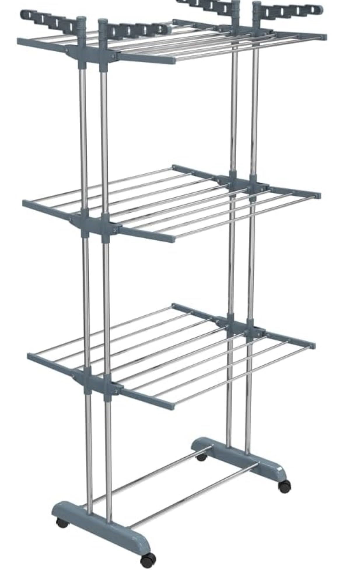 Toyoworld 3-Tier Clothes Drying Rack with Wheels, Stainless Steel | Rolling Casters, Top Hanger Hooks, Foldable Design, Indoor & Outdoor Use, Large Capacity-picture-16