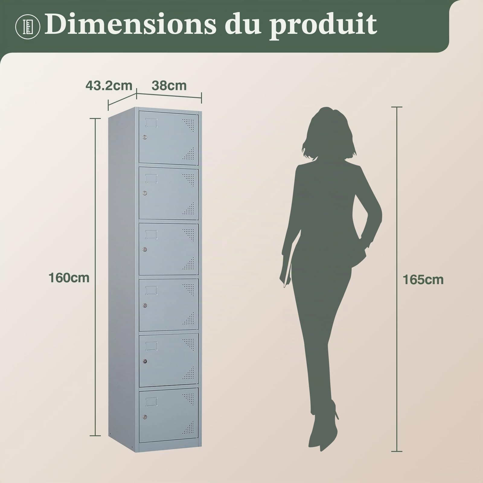 Sightlife Casier métallique 6 portes Armoire vestiaire avec clé 160x38x43.2cm Gris