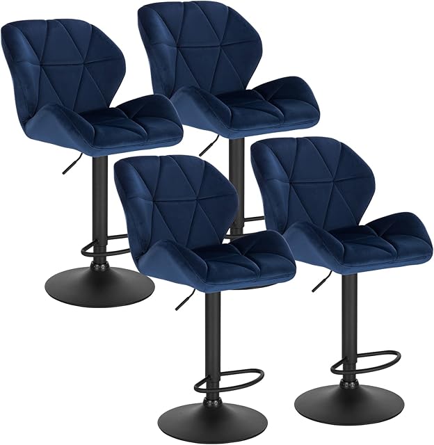 WOLTU Bar Stools Blue Bar Chairs Breakfast High Dining Stools for Kitchen Island Counter Bar Stools Set of 4 pcs Velvet Exterior/Adjustable Swivel Gas Lift/Steel Footrest & Base in Black BH139bl-4-UK