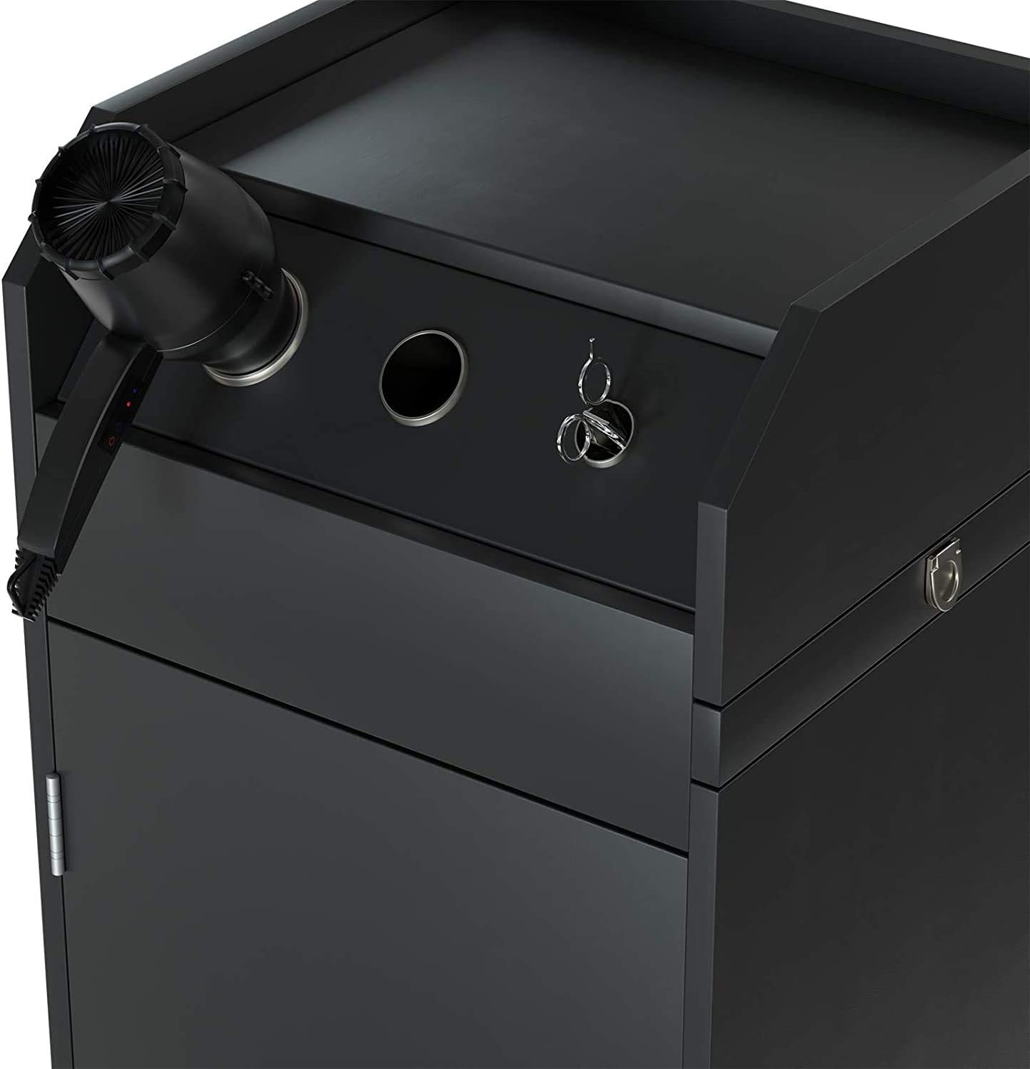 Beauty Trolley Storage Organizer with Salon Cart Hairdryer Holders, 4 Drawers Rolling Wheels, Black Lockable Spa Equipment Mobile Cabinet