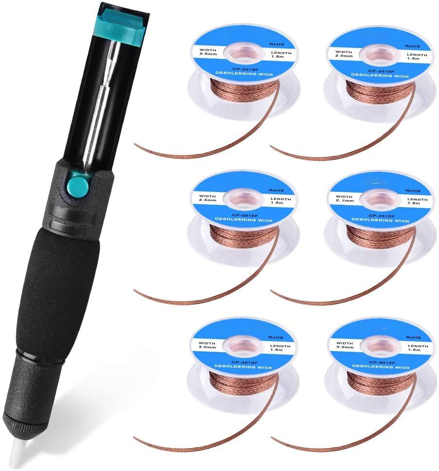 7 Pieces Solder Sucker Desoldering Wick Kit, Including 1 PcDesoldering Sucker and 6 Pcs Solder Braid Wick (2.0mm/2.5mm/3.0mm Width, 1.5m Length) with Flux, Desoldering Vacuum Pump Solder Removal Tool