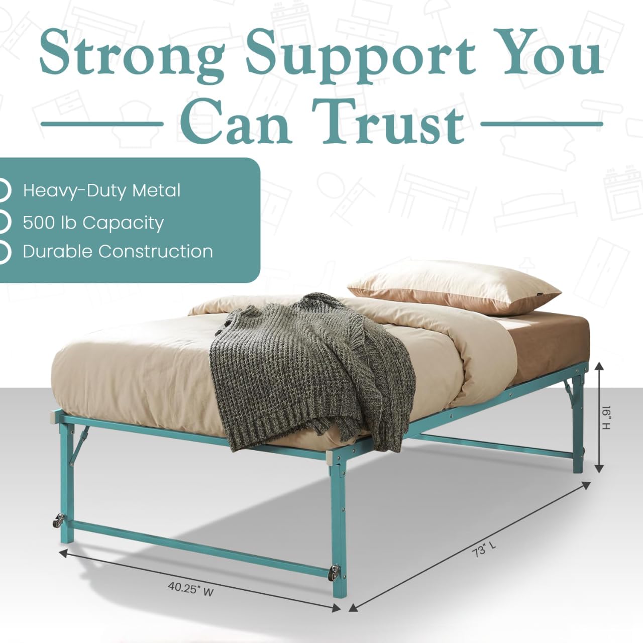 Kings Brand Furniture Twin Metal Daybed with Pop-Up Trundle, Sturdy Steel Slat Support Space Saving Guest Bed Frame, Bedroom & Living Room, Turquoise