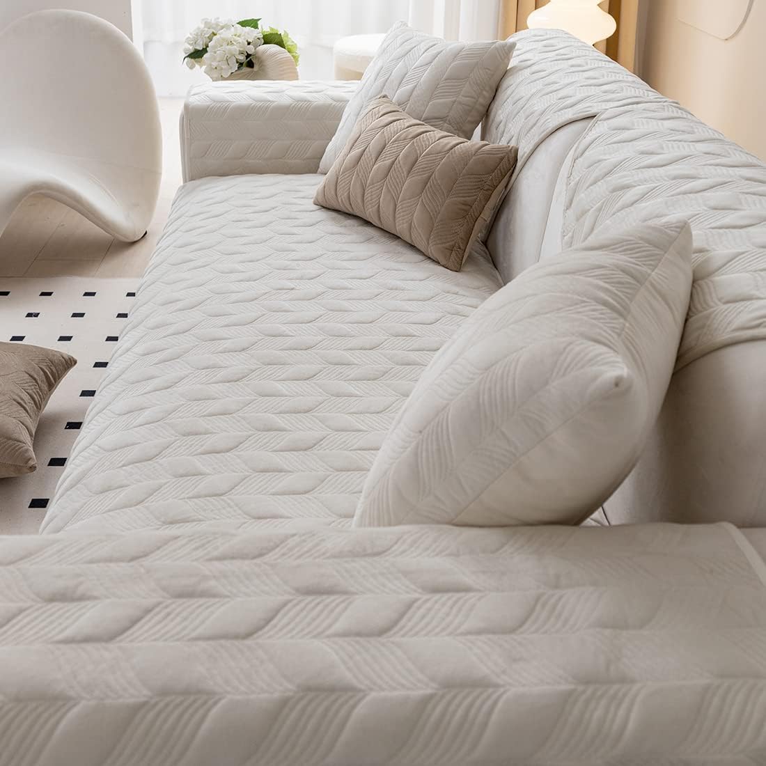 vctops Soft Velvet Sofa Couch Cover Leaves Quilted Sectional Couch Cover Non Slip Sofa Slipcover Furniture Protector for Dogs Pet Kids, 1 Piece/Not All Set (Off White,35"x47")
