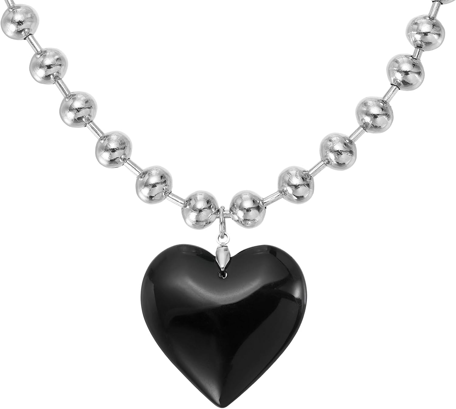 PATIKIL Glass Heart Shape Pendant Necklace, Alloy Chain Love Heart Pendant Charms Necklace