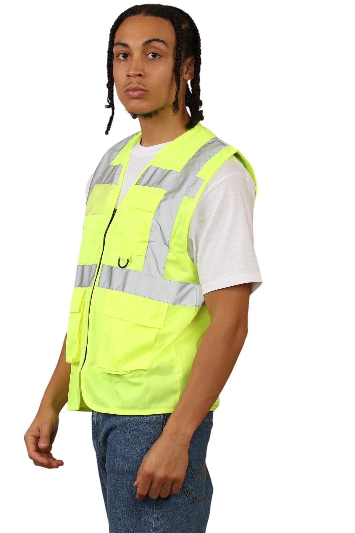 Gilet di sicurezza da uomo ad alta visibilità, ad alta visibilità, senza maniche, con tasche, scomparto per documenti, portapenne, anello per chiavi e nastro riflettente