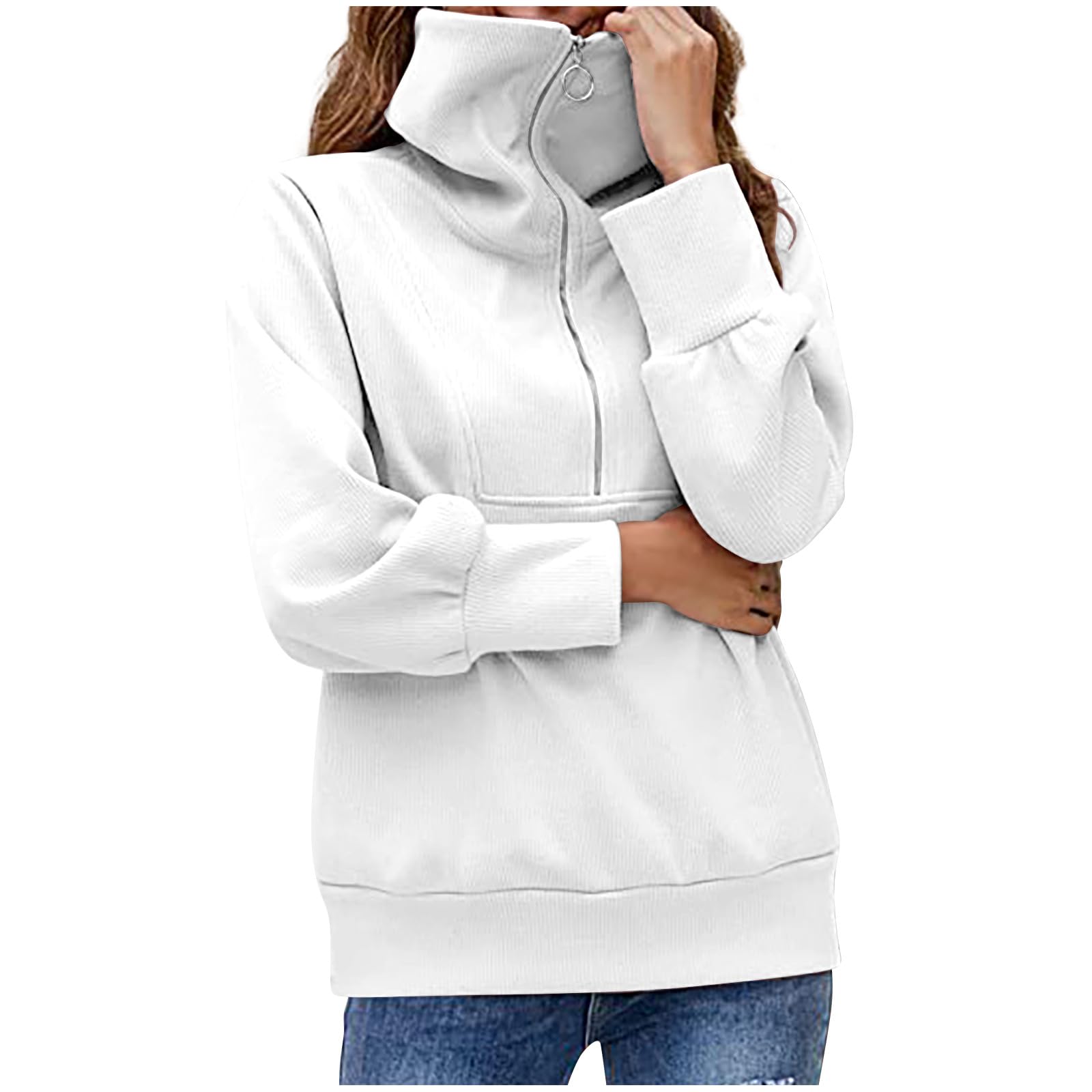 Bowake Women's Casual Long Sleeve Zipper Sweatshirt Pullover Drawstring Loose Comfy Sweatshirts Pullover Shirt with Pockets