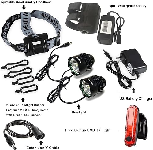 Miniatura 3 de Night Eyes -2400 lúmenes (1200 LMx2) Faro de bicicleta de montaña - Recargable 8.4V ABS impermeable Battey PackFree USB Bicicletero Bono - No