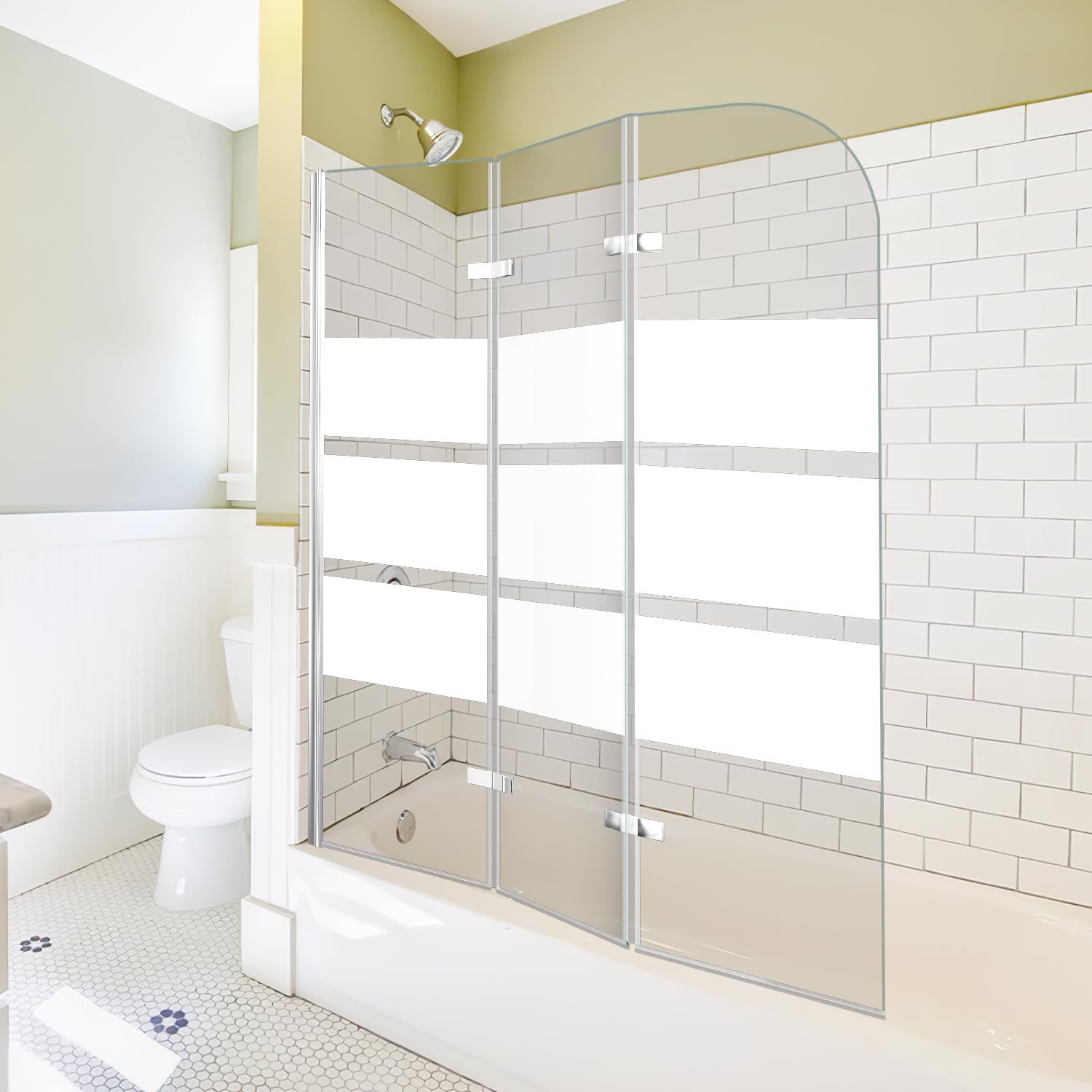 Pannello doccia pieghevole per vasca da bagno, 120 x 140 cm, 3 pezzi, strisce di sicurezza EGS da 6 mm, accessori per box doccia, strisce bianche