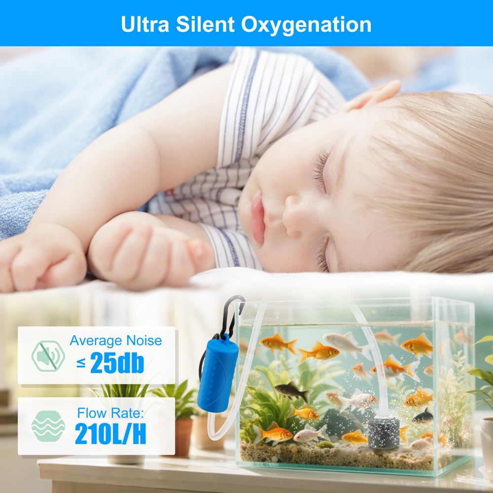 DaToo Mini bomba de aire USB para acuario, ultra silenciosa, bomba de aire con cierre negro para colgar, bomba aireadora de oxígeno portátil para acuario, incluye tubo de aerolínea y piedra de aire