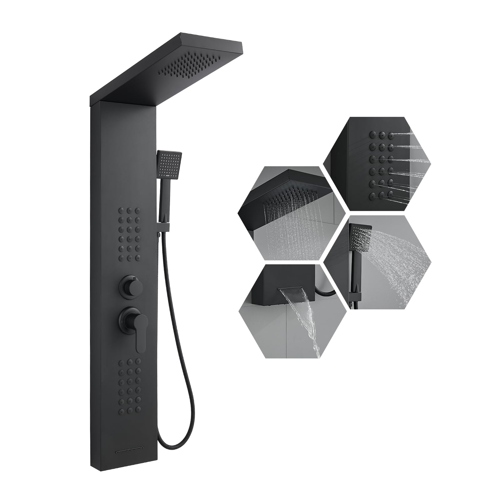 Pannello doccia con rubinetto, colonna doccia 4 in 1, in acciaio inox, nero opaco
