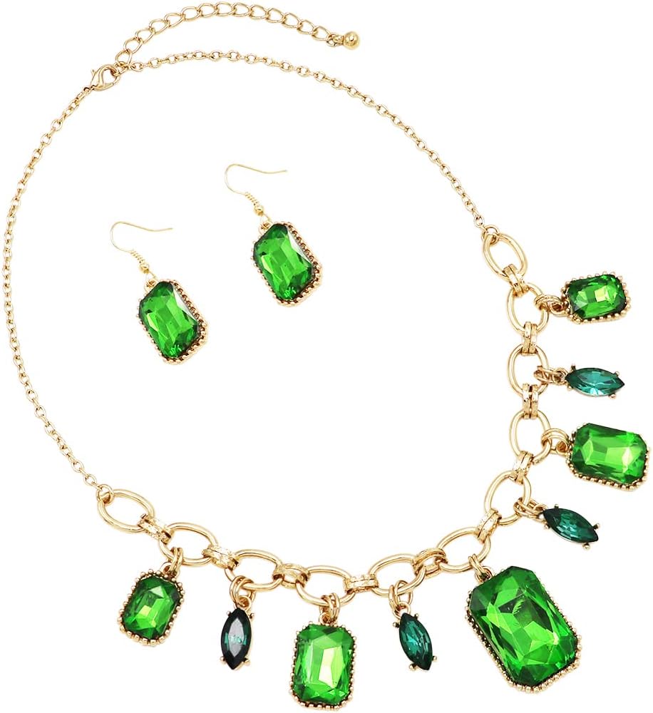 Rosemarie & Jubalee Women's Stunning Emerald Cut Crystal Statement Necklace Earrings Set, 18"+3" Extender