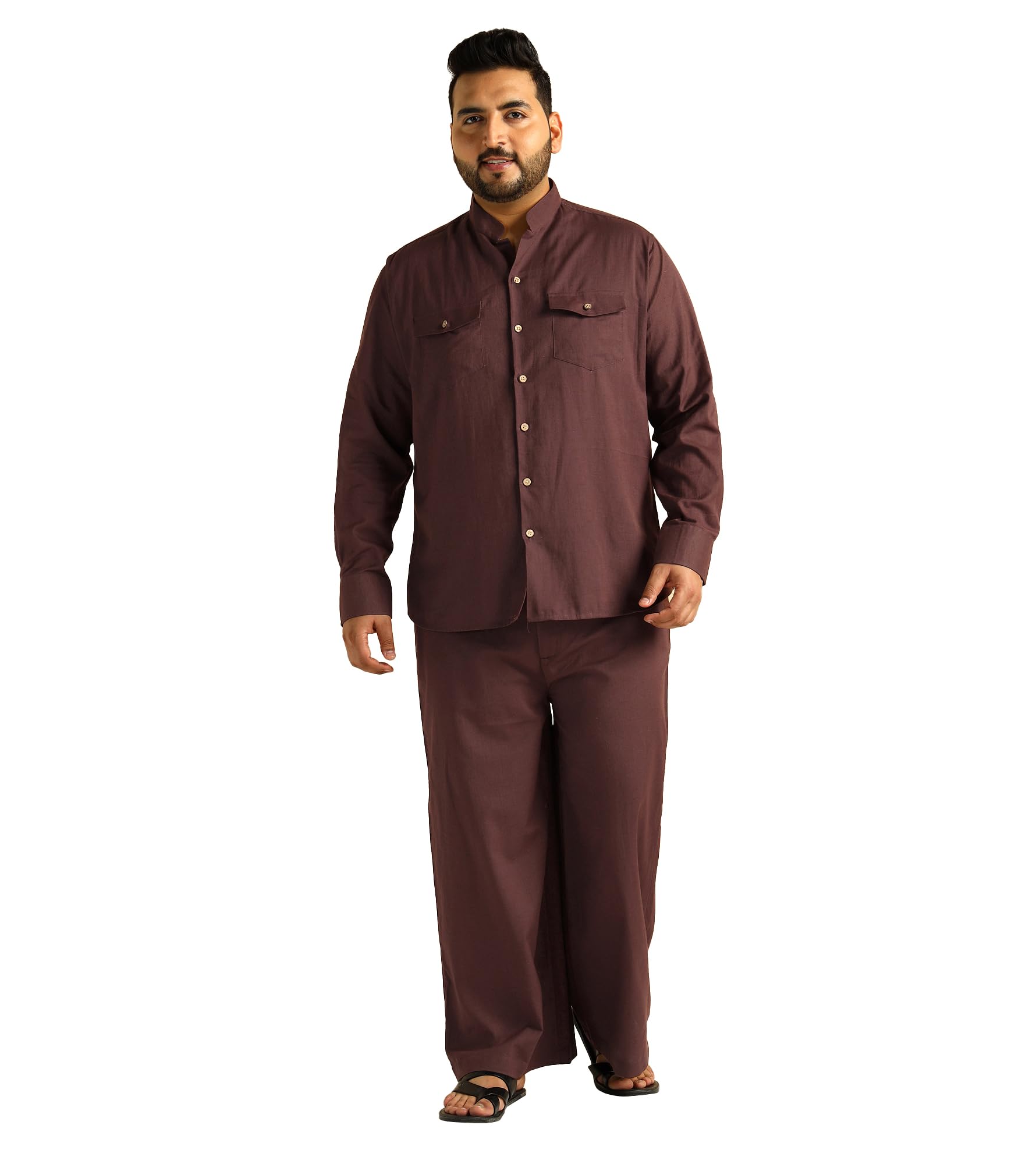 amanush Men's Solid Cotton Shirt with Bell Bottom Pant Cord Set|Mens Kurta Pajama Set|Plus Size Co ords for Men Fashion|Beach Casual Wear|Two Piece|Mandarin Collar|Full Sleeve(Brown)-picture-33
