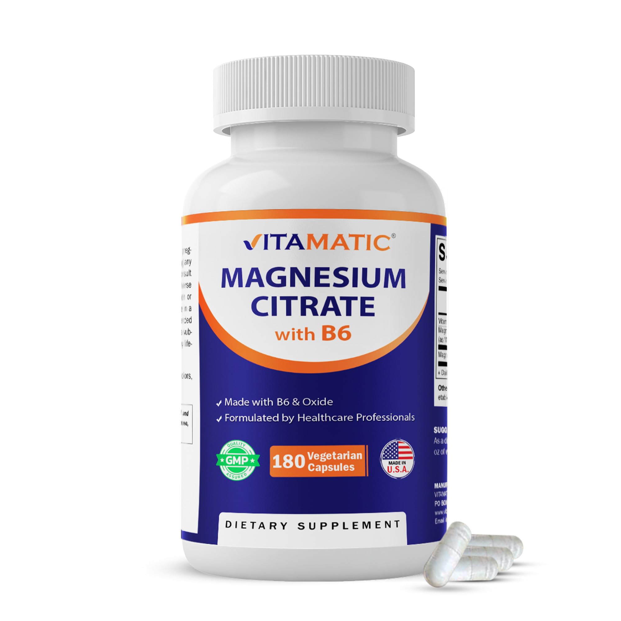 Vitamatic Magnesium Citrate 500mg per Serving - 180 Vegetarian Capsules (Provides 150 mg of Elemental Magnesium) - Added B6 for Maximum Absorption - Supports Muscle, Joint, and Heart Health*
