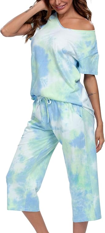 ENJOYNIGHT Womens Tie Dye Pajamas Sets Lounge Short Sleeve Top with Capri Pants Sleepwear 2 Piece Set