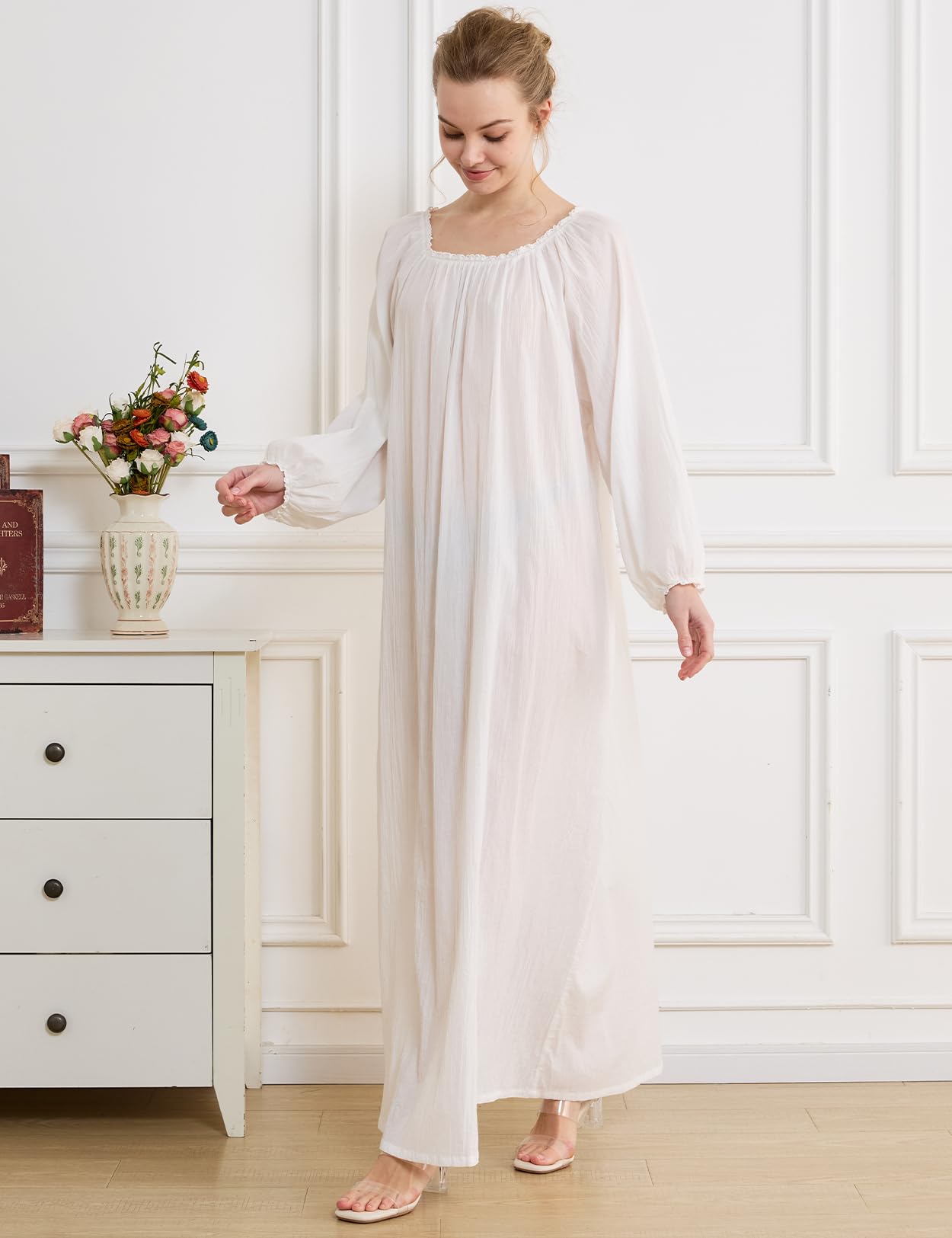 BEAUTELICATE Camisón Victoriano de Algodón Muselina para Mujer con Detalles de Encaje Manga Larga Suave y Holgado Blanco