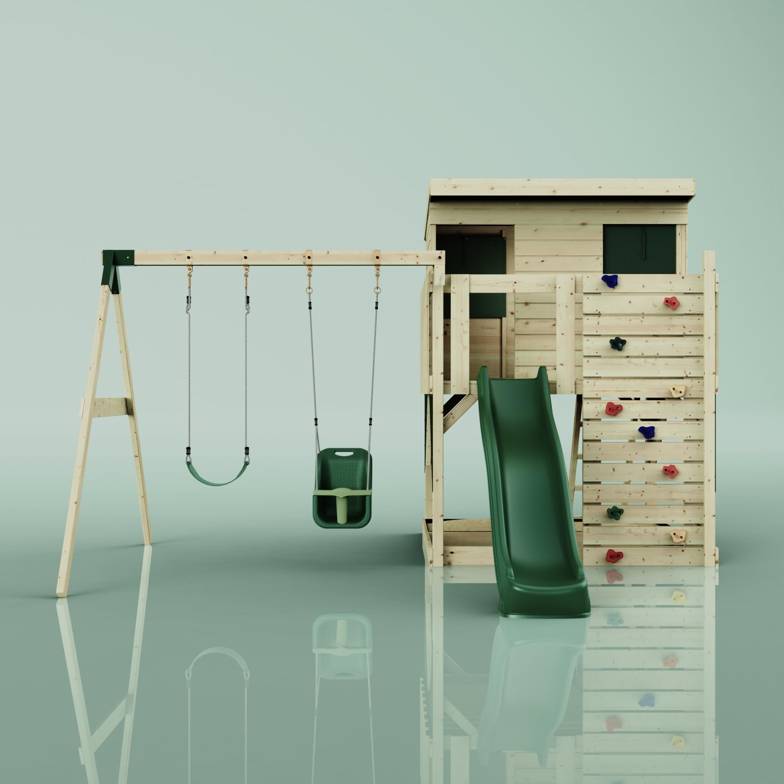 PolarPlay Spielturm Nils aus Holz in Grün Babyschaukel