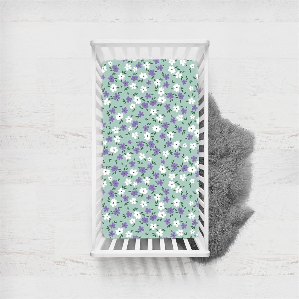 Odot Cot Bed Fitted Sheets, Toddler & Baby Bed Sheets, Elegant Floral Print Microfiber Mattress Protector, Cozy Lightweight Bedside Cribs Bassinet Sheets for Boy and Girl (Purple Flower,65x95cm)