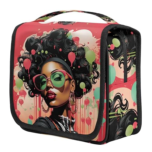 Fashion African Girl Travel Toiletry Bag with Hanging Hook, Waterproof Toiletries Bag for Women, Portable Makeup Organizer for Makeup Brushes Digital Accessories, Hanging Cosmetics Bag for Bathroom