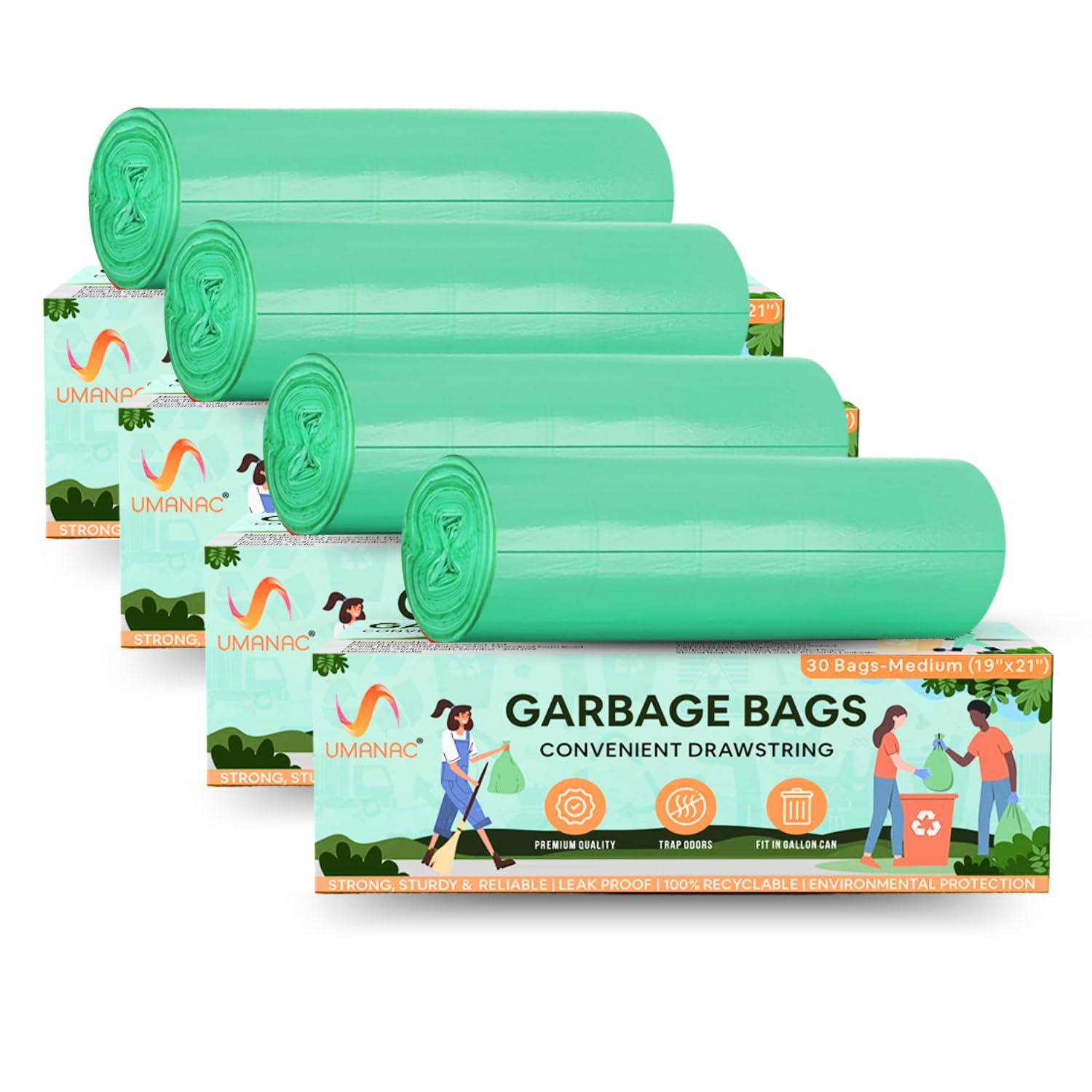 Umanac Garbage Bags - 30N | Medium (19x21) | Green Trash Bags | 100% Recyclable | Heavy Duty Dustbin Bags | Leak-Proof | Odour Control | Detachable Drawstring | Pack of 4 (B0DB1WZBNW) Amazon Price History, Amazon Price Tracker