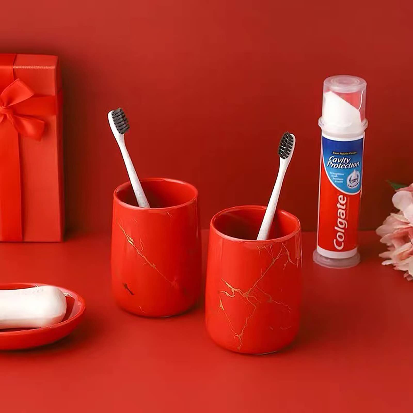 Juegos de Accesorios de baño, Acesorios Cuartos de Baño 5 Piezas con Dispensador Jabon Baño, Jabonera Baño, Porta Cepillo de Dientes, para Champú Cerámica Simple Rojo