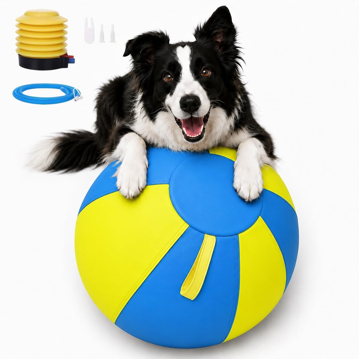 DzaiCrkwd Giant Herding Ball for Dogs, Durable Inflatable Giant Dog Ball for Exercise, with Handle Strap & Polyester Cover Scratch Resistant for Outdoor Exercise (Yellow and Blue, 25 cm / 9.84 in)