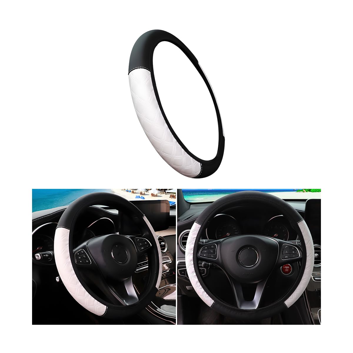 Mandark Leather Car Steering Wheel Cover, Elastic Vehicle Steer Wheel Protector, Stretch Non-Slip Automotive Interior Decor Accessories, 14.5-15inch Universal for SUV, Truck, RV and More(White)