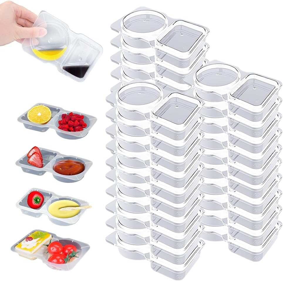 30Pcs Snack Containers, Reusable Double Compartment Condiment Container With Lids 4.5 oz Snackle Box Container Portion Control, Plastic Dipping Containers for Meal Prep, Salad Dressing, Sauce