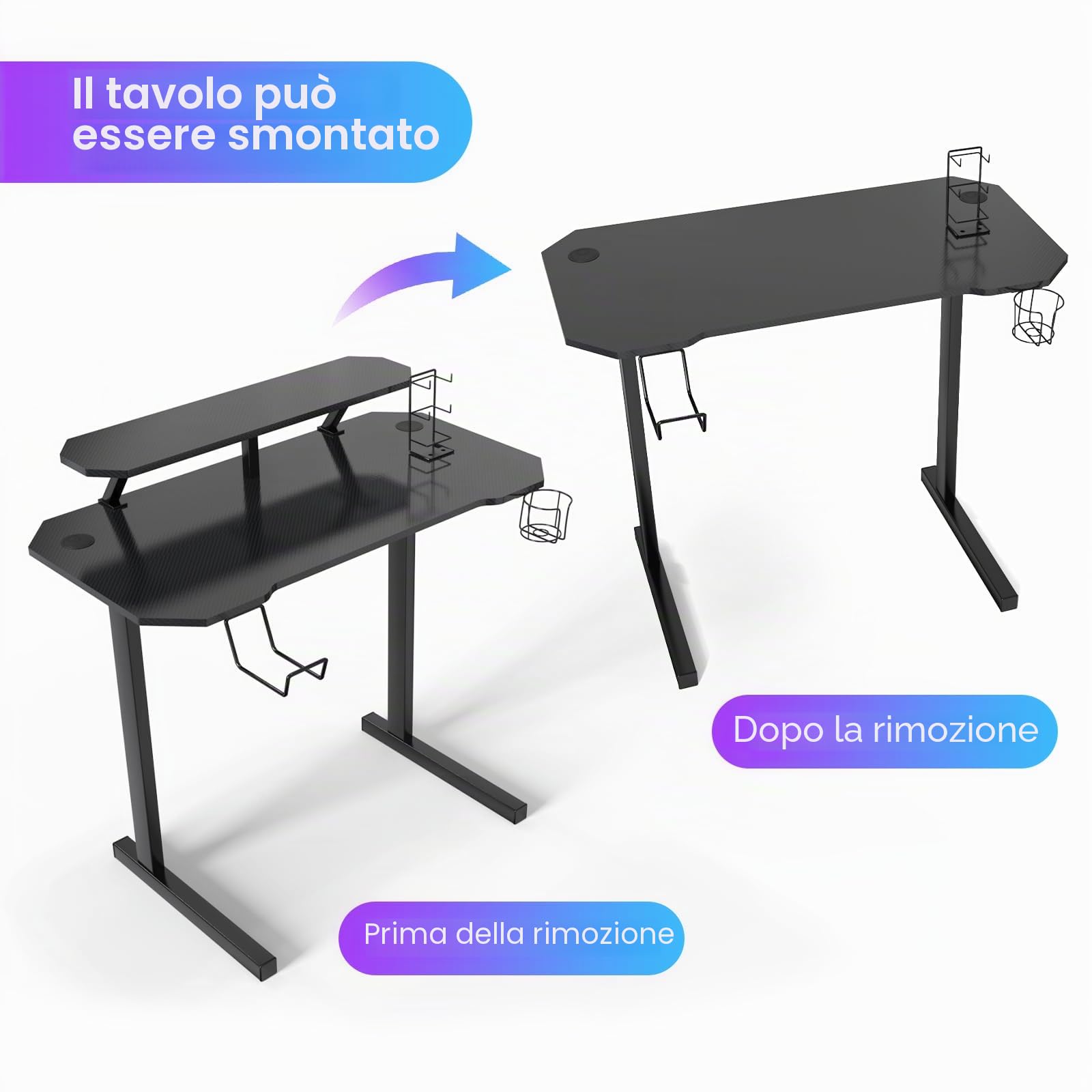 Scrivania da Gaming Scrivania per computer Tavolo per PC con portabicchieri e gancio per cuffie Scrivania con supporto per monitor 100x55x75 cm Nero