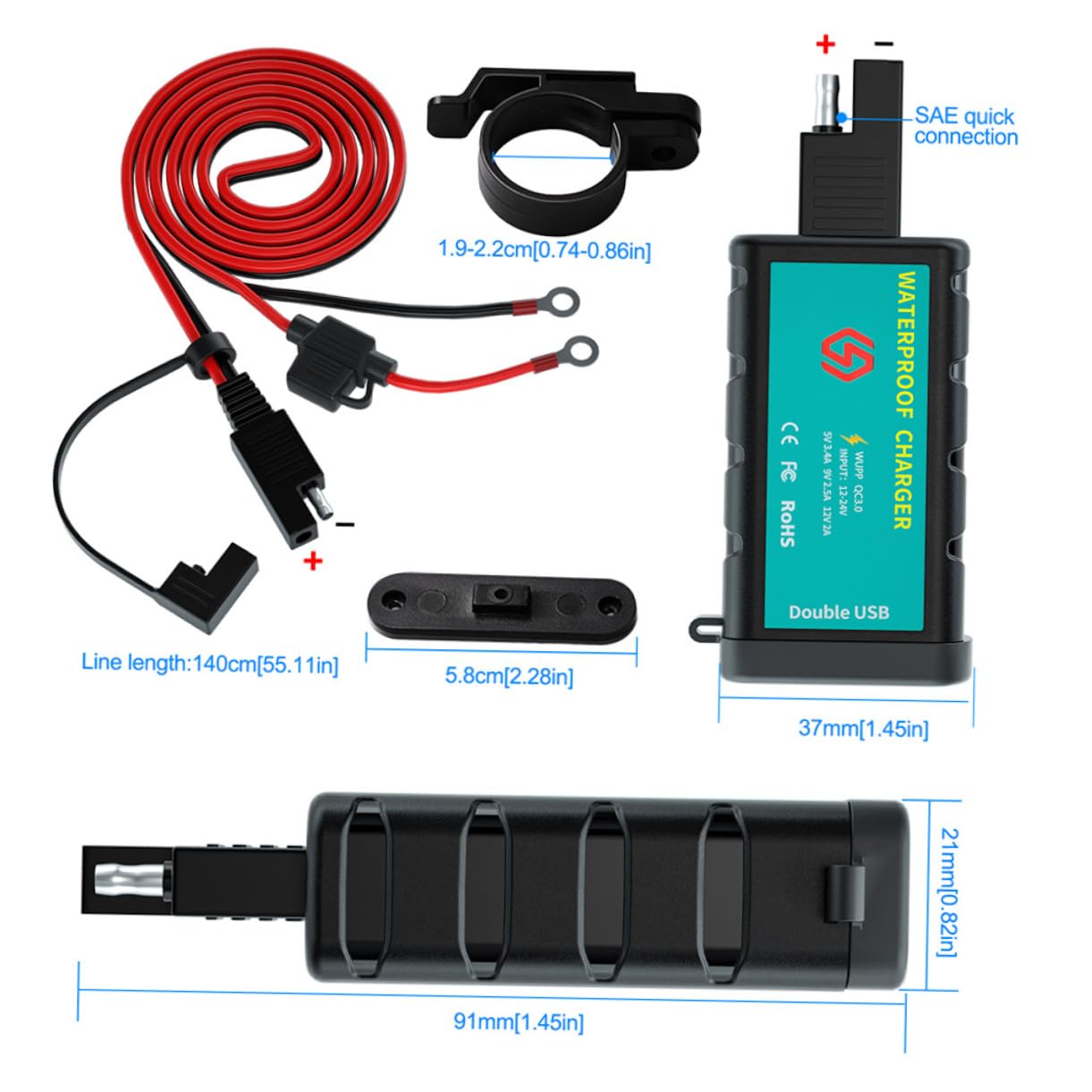 Parliky 1Set Motorcycle USB Charger Kit with Switch Dual USB Power Outlet SAE Connector Ot Terminal Cable Supports Fast Charging for Motorcycles and Electric Vehicles