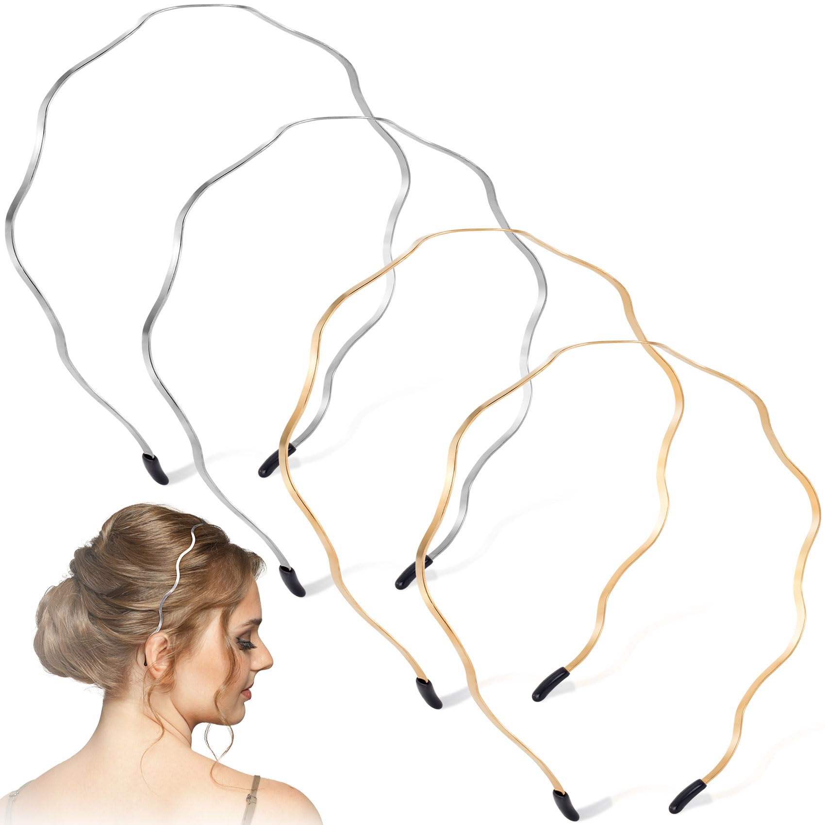 PAGOW 4 Pcs Metal Headbands for Women Trendy, Gold Silver Wavy Headbands for Women's Hair, Cute Elastic Head Band Hair Accessories for Women Girls (Gold, Silver)