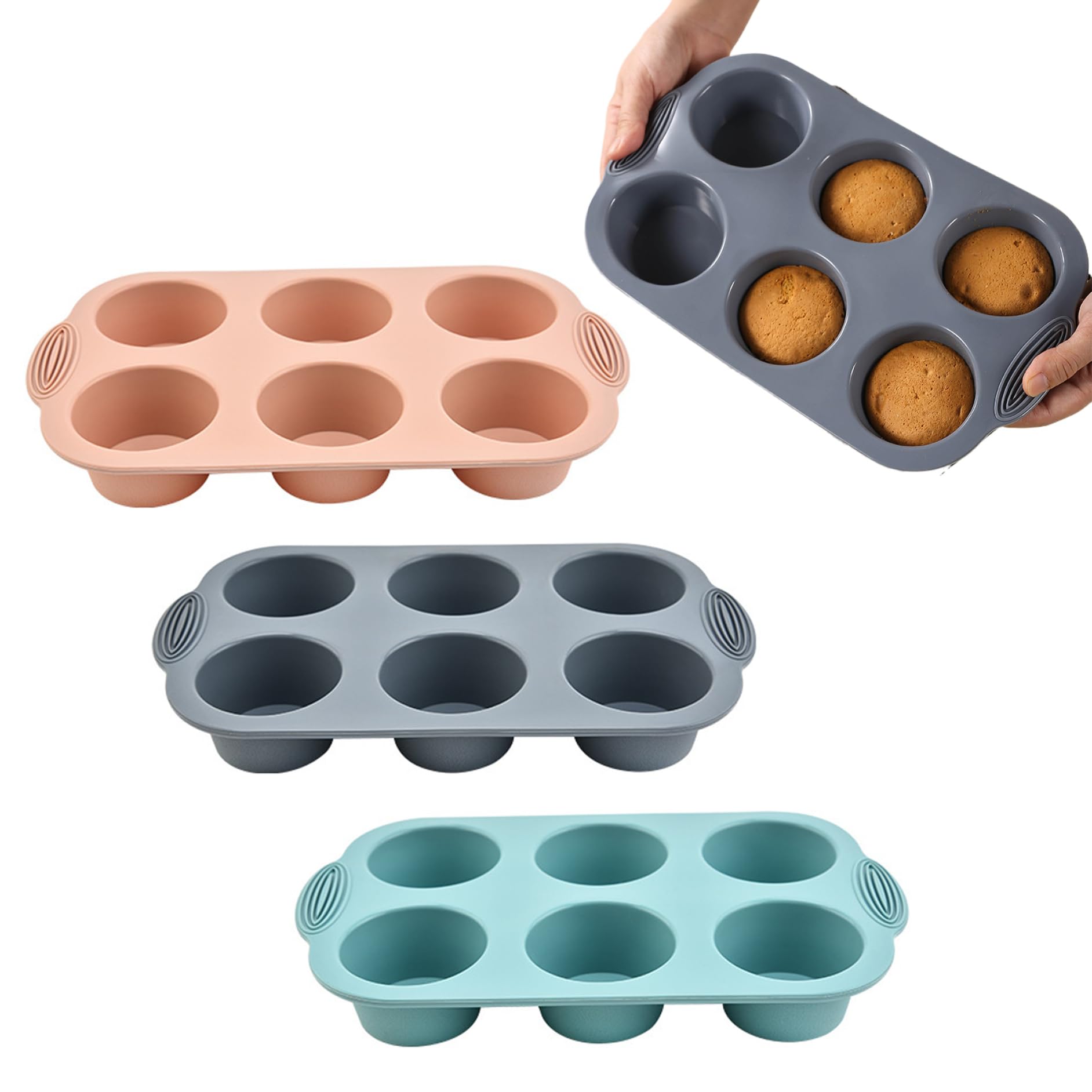 Gcroet 3 moldes de silicona para muffins, 6 cavidades, 2, 7 moldes para magdalenas de silicona de grado alimenticio, para magdalenas antiadherentes y resistentes al calor, utensilios para hornear ..