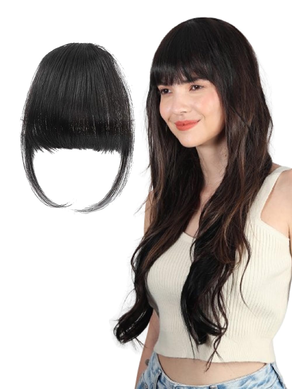 RefynHair 2 Clip-In Hair Bang Extension | 100% Remy Human Hair | High Density Natural Looking Fringe for Girls and Women - Easy Clip In Lightweight Wispy Bangs - Natural Black-image-36