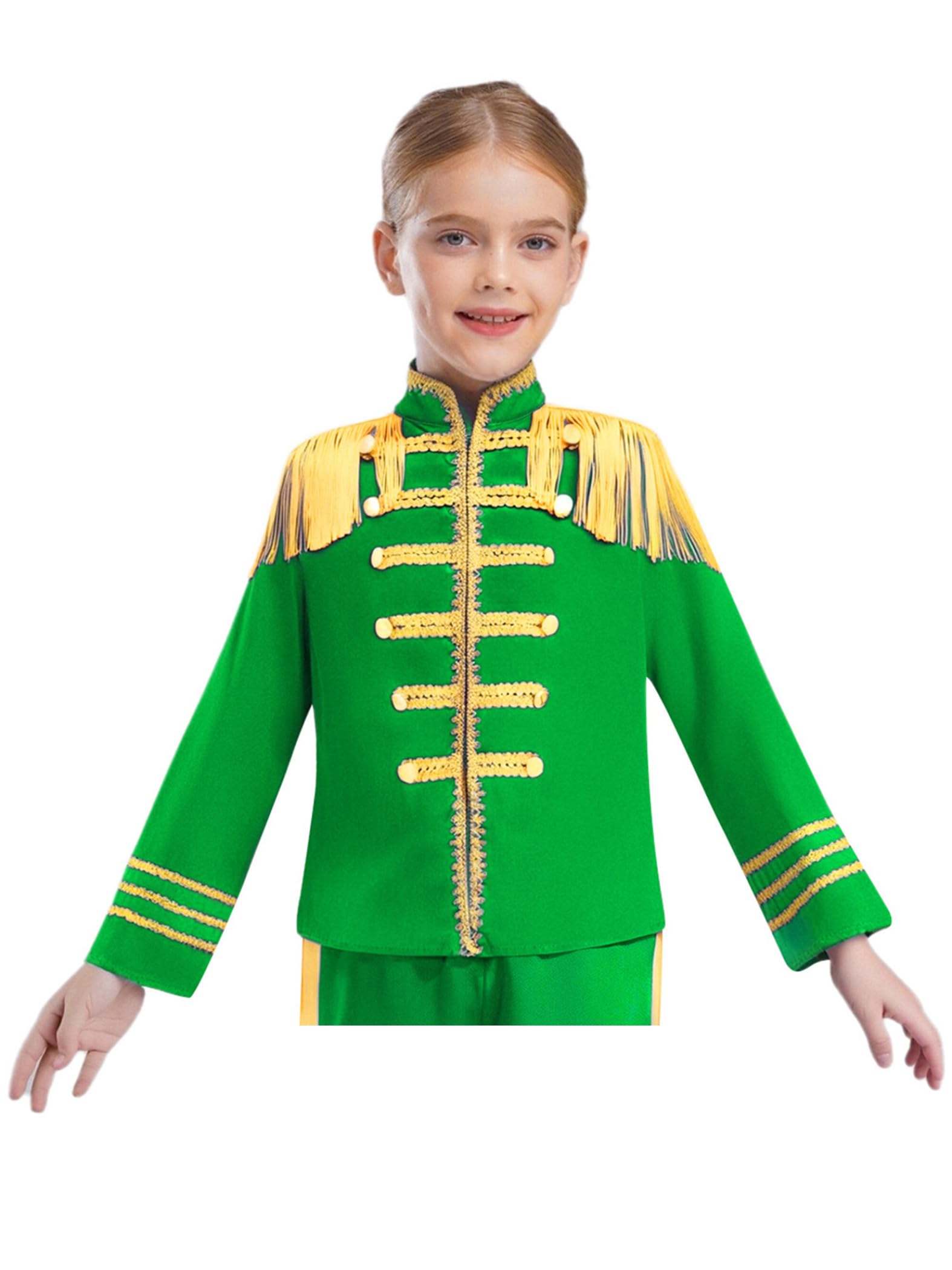 Raenseen Kids Girls Boys Long Sleeve Military Drummer Parade Jacket Hippie Music Star 1960s Uniform SGT Sergeant Pepper Coat Green 9-10 Years