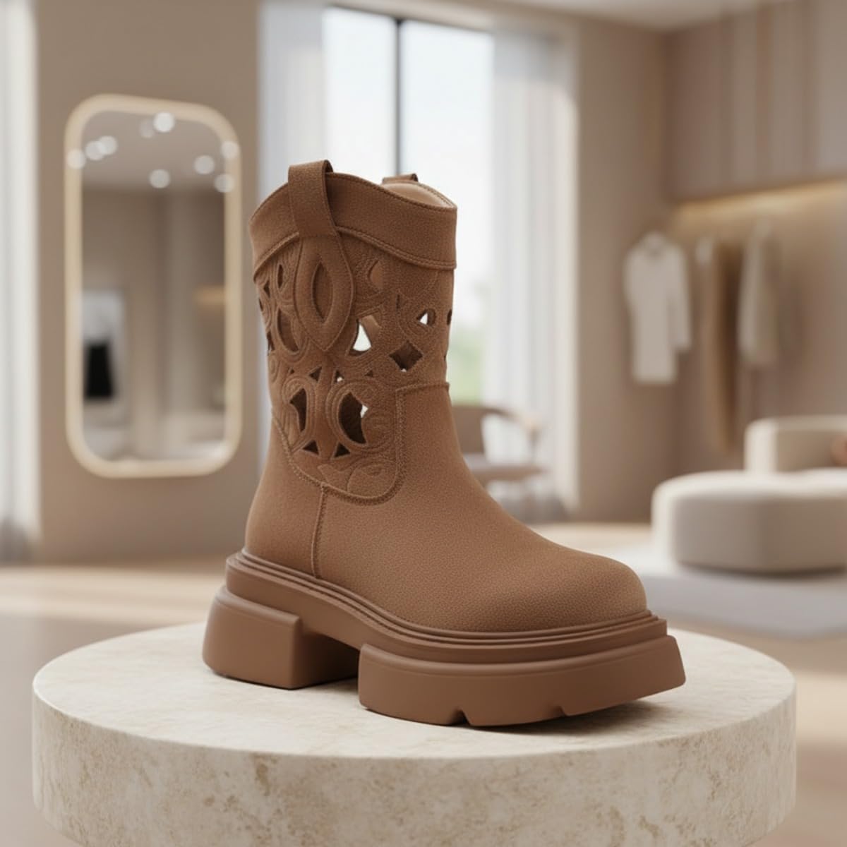 Women's Vintage Faux Suede Western Cowboy Boots, Square Toe Cutout Chunky Platform Short Booties Breathable Mesh Summer Ankle Boots