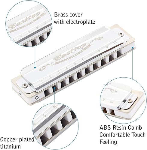 Miniatura 2 de East top Armónica, llave de armónica azul diatónica de C, 10 agujeros Diatonic Blues Mouth Organ T008, armónica plateada para adultos, jugador