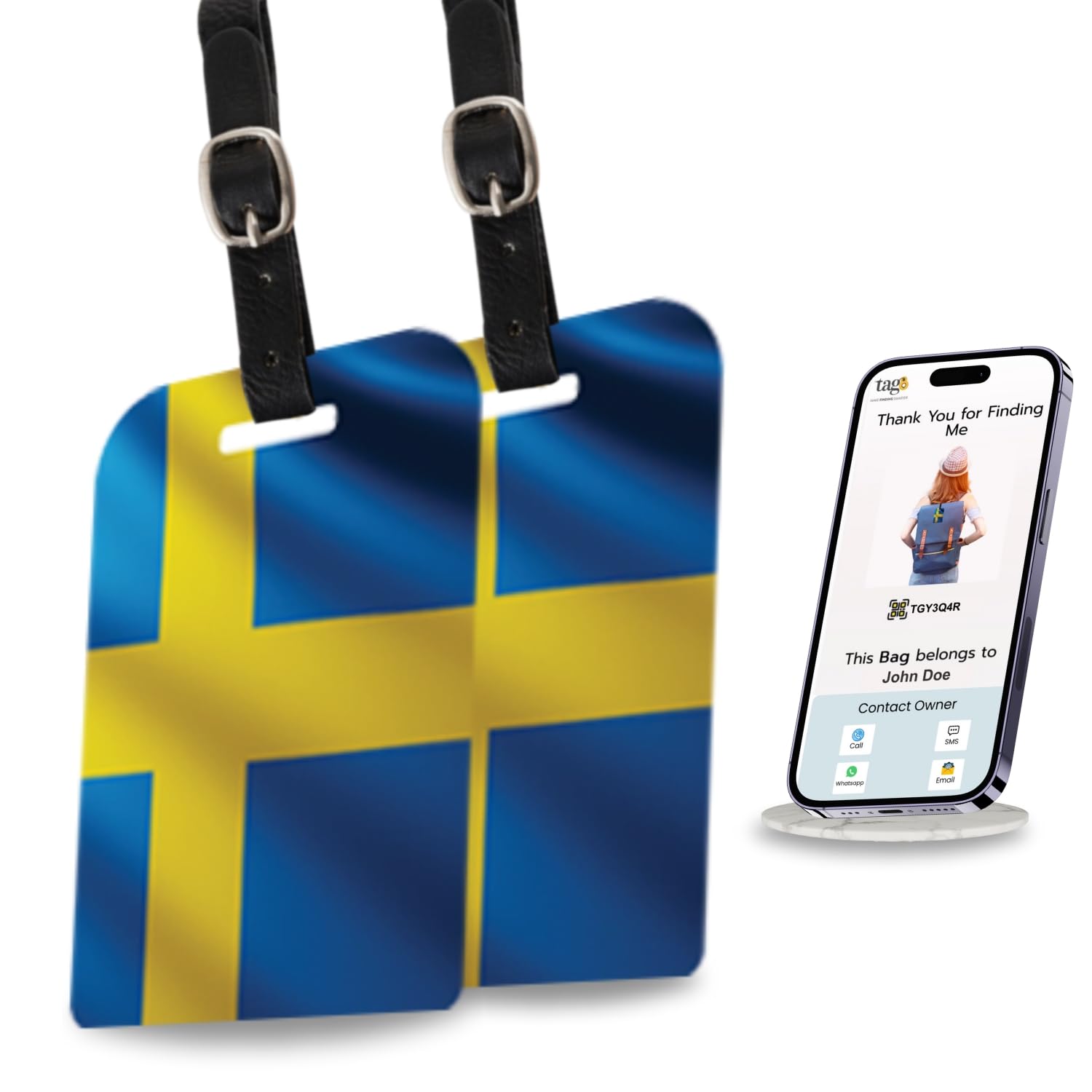 tag8 2 Pcs Sweden Flag Bag Tags with Airport Tracer Code, Luggage Tags, Suitcase Baggage Handbag Tag-image-3