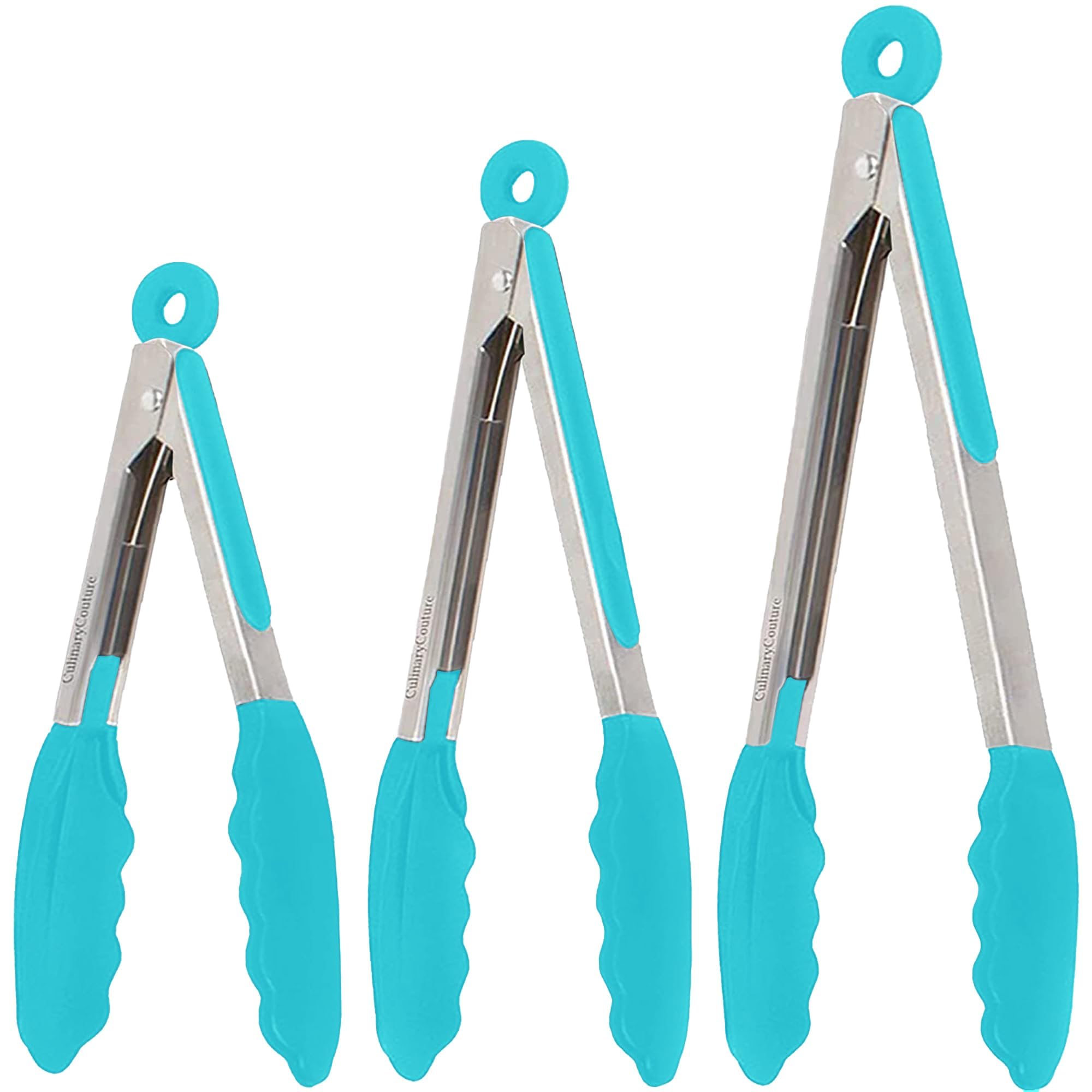 Kitchen Tongs for Cooking with Silicone Tips, Heat Resistant Tongs for Serving Food, 7-Inch, 9-Inch, 12-Inch Locking Silicone Tong, Set of 3 Salad Tong, Aqua Kitchen Utensils