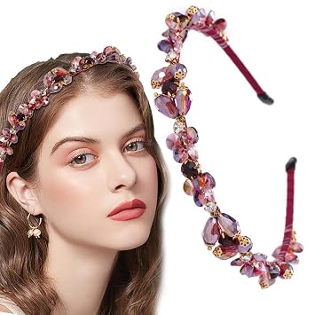 Pink Rhinestones Headbands for Women Girl Crystal Beaded Hairbands Baroque Thin Hair Hoops Bejeweled Headband for Womens Hair Purple