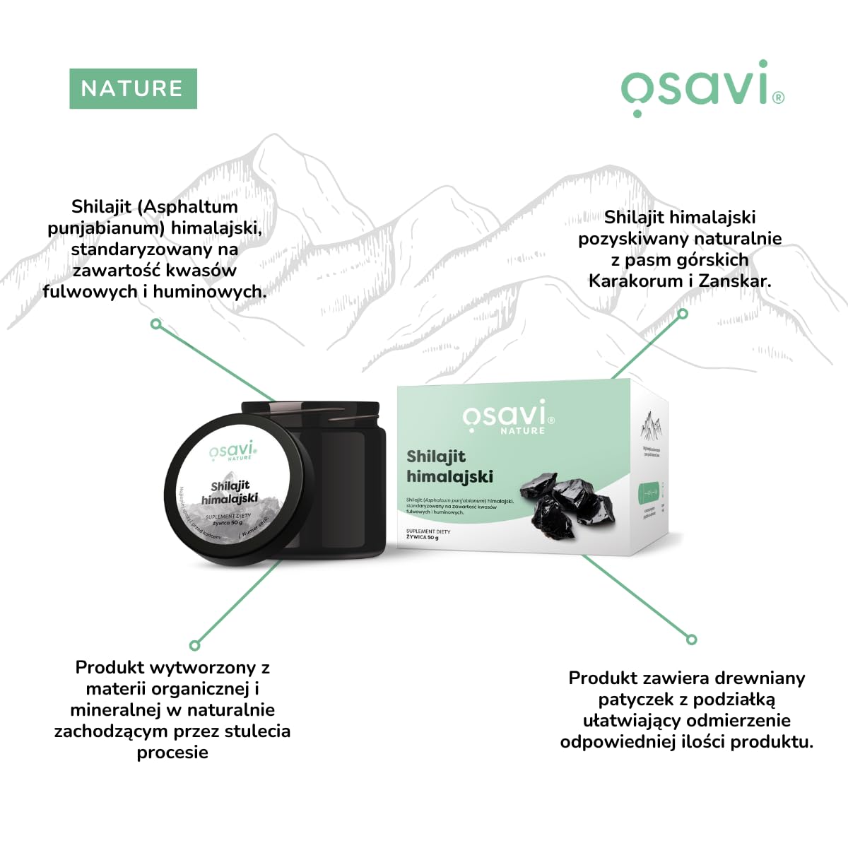 Osavi Shilajit Himalaya - 25g | Naturharz (Asphaltum punjabianum) aus dem Himalaya | Standardisiert auf Fulven- und Huminsäuren | Aus dem Karakorum und Zanskar Gebirge | Mit Messstab