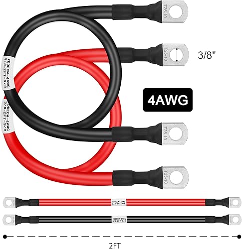 Miniatura 4 de Cable de batería de calibre 4 de 2 pies, cables inversores de energía de batería 4AWG (1 positivo y 1 negativo) con terminales de terminales de 38