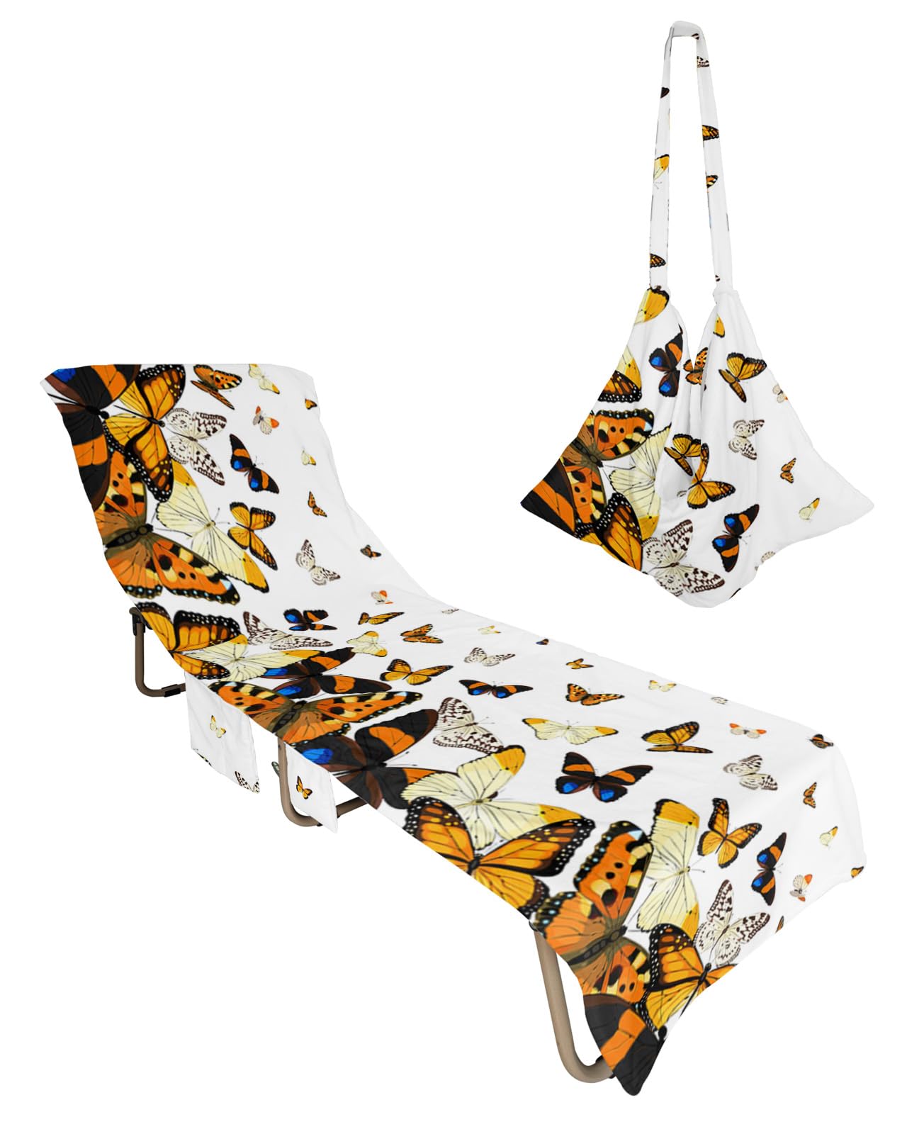 Orange Brown Butterfly Beach Lounge Chair Towel Cover, Soft Chaise Lounge Towel with Side Pockets Patio Pool Chairs Cover for Beach/Pool Sunbathing 29x85 Modern Abstract Art Aesthetics