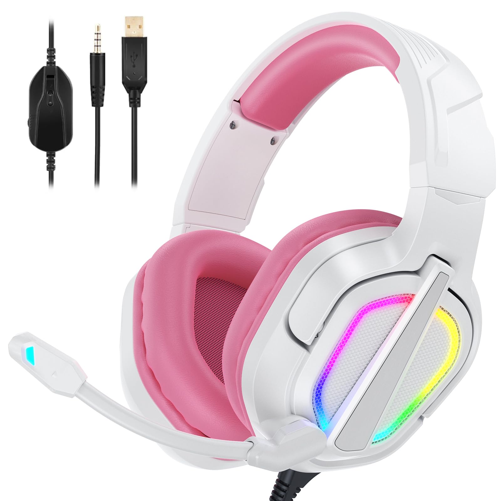 FC200 Cascos Gaming para PS5, PS4, PC, Xbox One, Switch, Auriculares Gaming Cancelación de Ruido, Cascos con Microfono Estéreo Sonido, Cascos para PS5 con 3.5mm Jack con Luz RGB (Rosa)