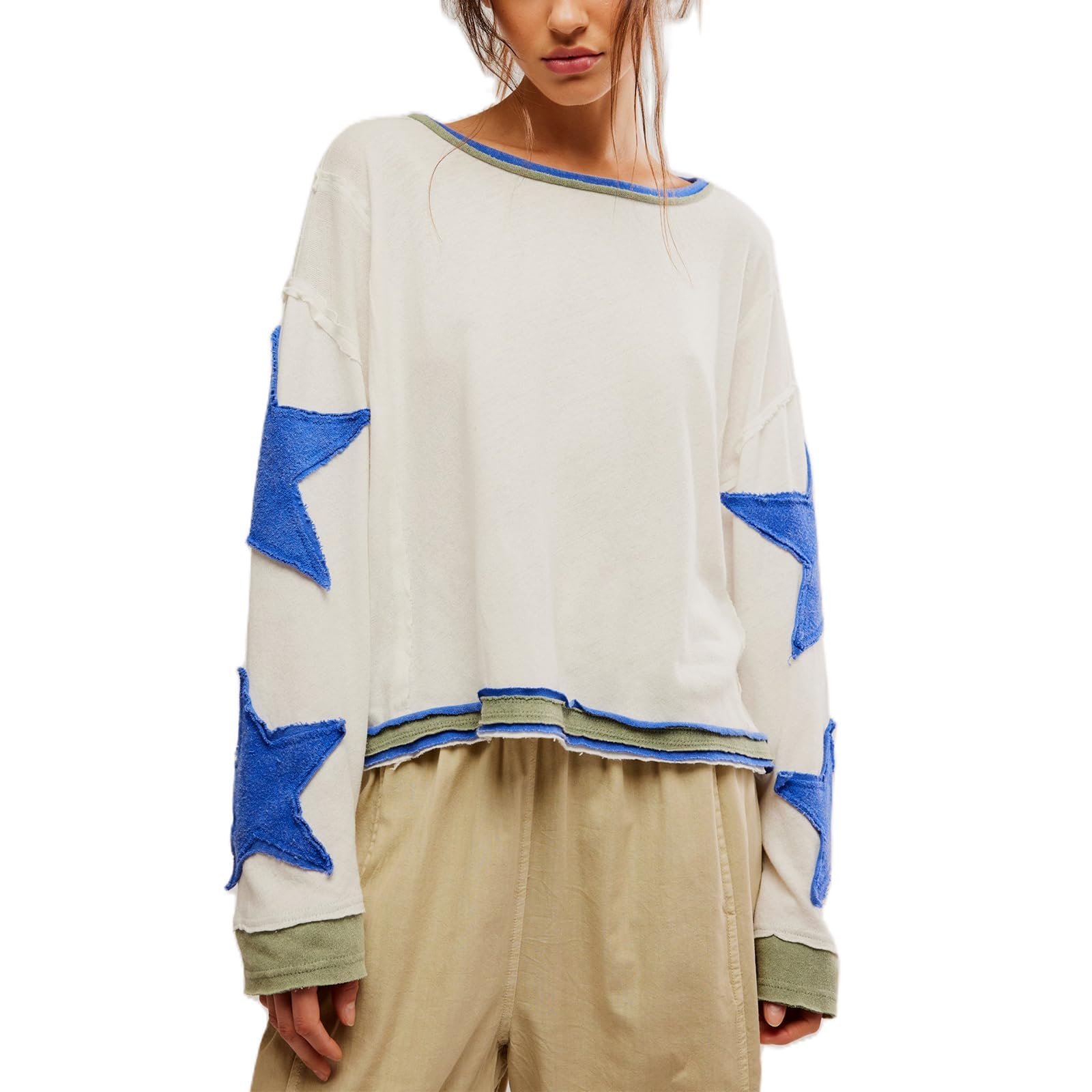 Women Oversized Sweatshirt Star Graphic Drop Shoulder Sloutchy Fit Pullover Tops Y2k Long Sleeve Shirt