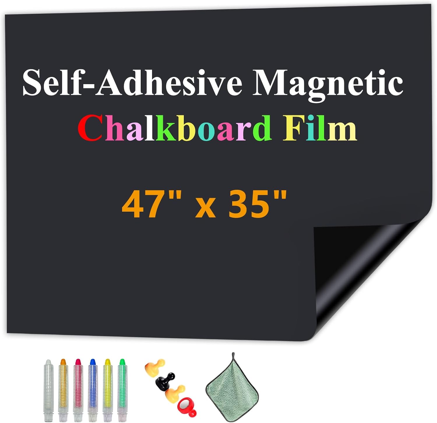Magnetic Chalk Board Contact Paper with Adhesive, 47" x 35" Magnetic Blackboard Sticker for Wall, Dry Erase Chalkboard for Office, School, and Kids, Includes Dustless Chalk, Wiping Cloth, and Magnet