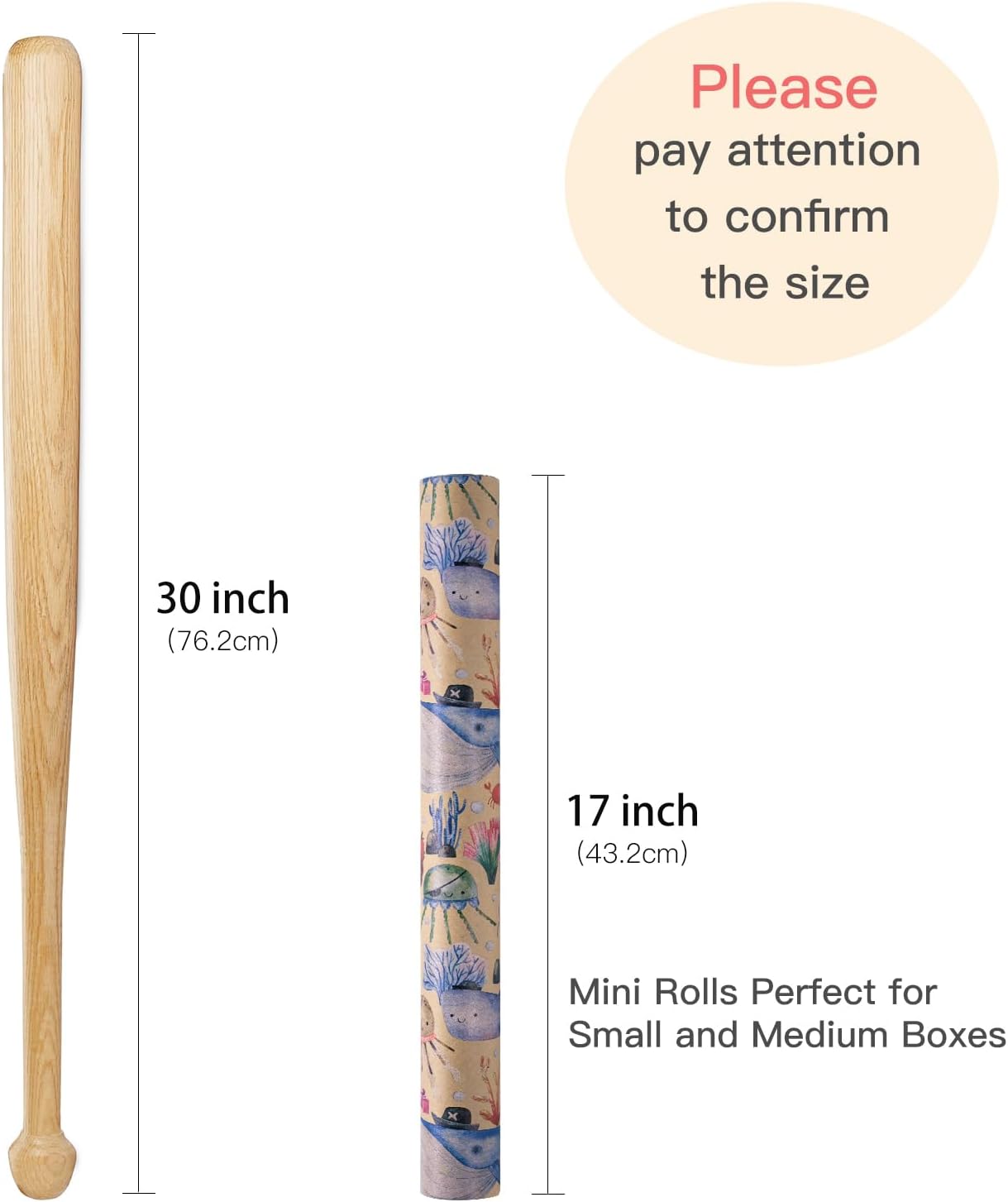 RUSPEPA Baby Wrapping Paper Neutral Kraft Paper Roll, Mini Roll, Pirate Themed Ocean Design with Whales and Marine Organism, Ideal for Baby Shower and Birthday Party, 17 Inches X 16.4 Feet